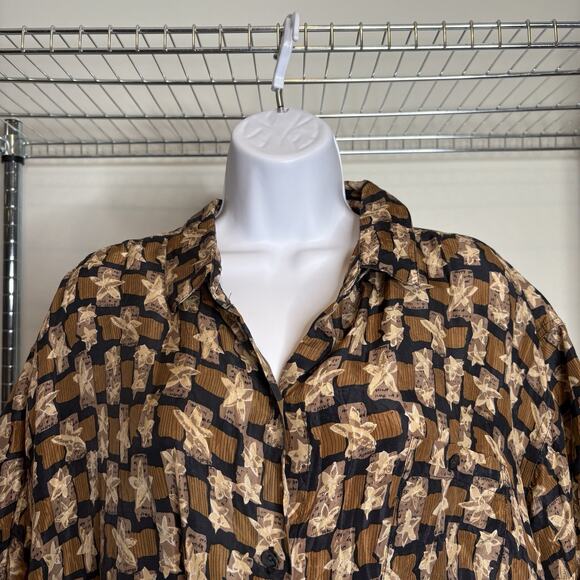 Vintage Cote de France Women's Brown Silk Abstract Print Button Up Shirt Size 2X - Picture 7 of 11